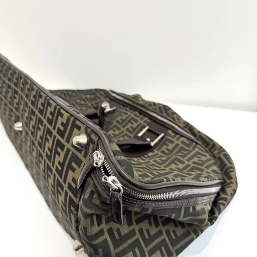FENDI Large Brown Zucca Canvas Duffle Bag Monogram Leather Travel Luggage FF
